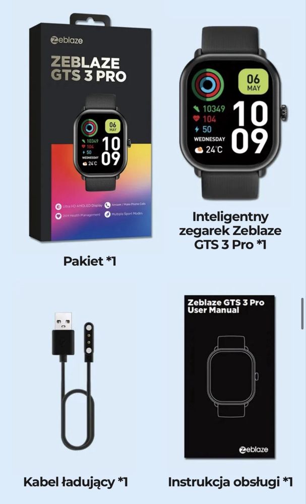 Smartwatch Zeblaze GTS 3 PRO oled pulsometr krokomierz nowy