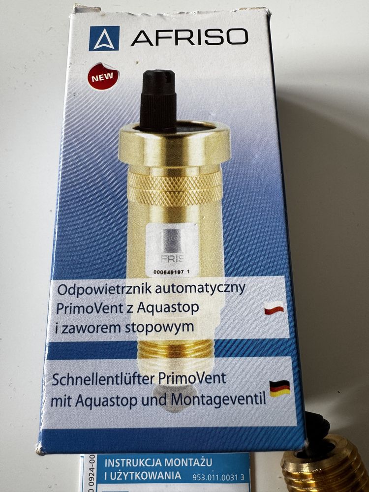 Odpowietrznik automatyczny PrimoVent z Aquastop i zaworem stopowym.