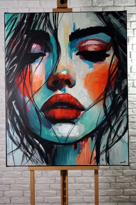 Obraz ręcznie malowany duży 80x100 olejny nowoczesny do salonu loft