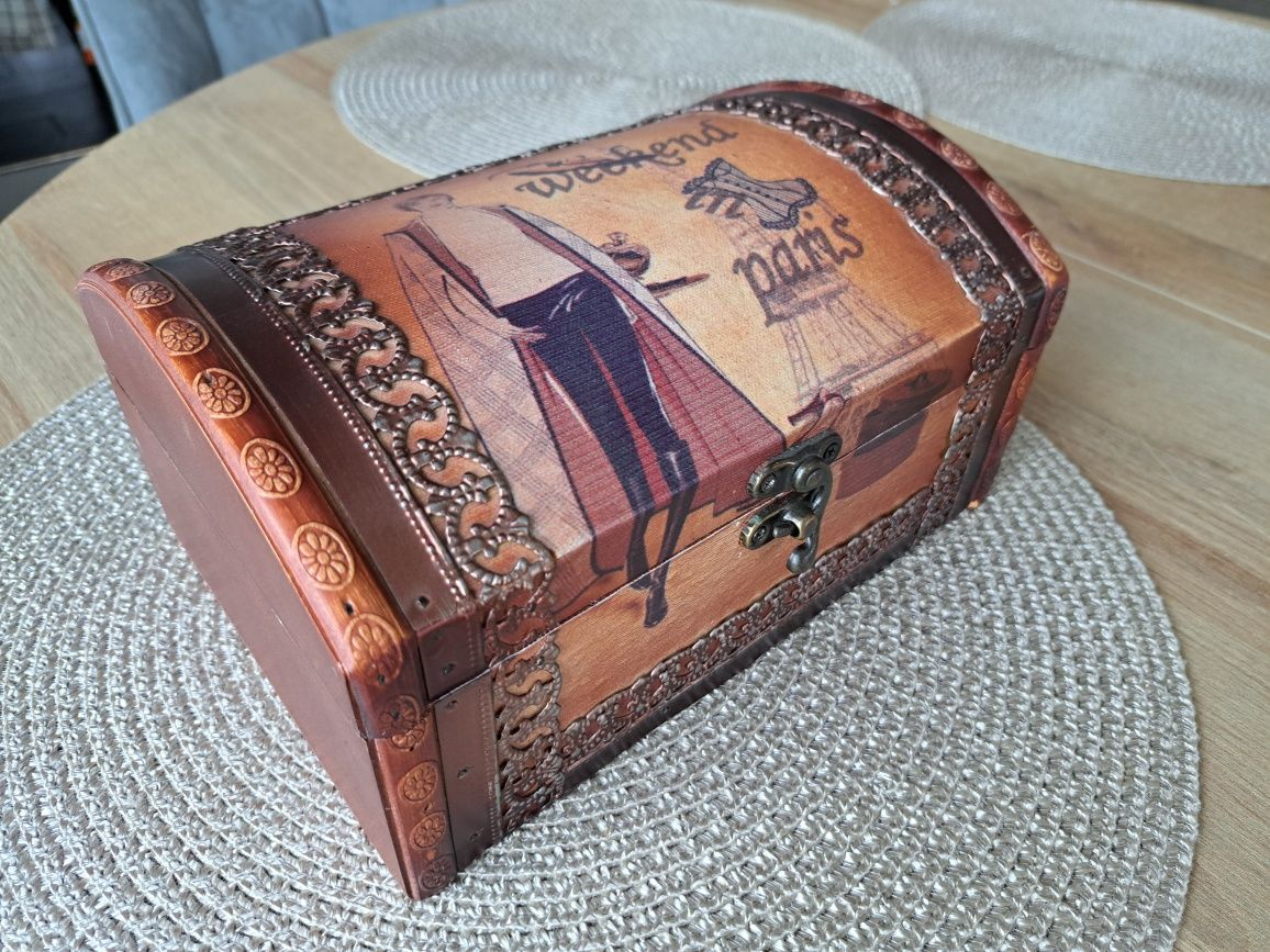 Kuferek MDF decoupage paryż brązowy skrzynka pojemnik kontener