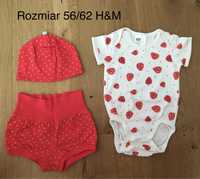 Letni komplet truskawka body+spodenki+czapeczka r.56/62 H&M