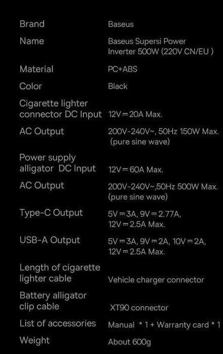 Інвертор Baseus 500W Super Si Power inverter (Чистый Синус)