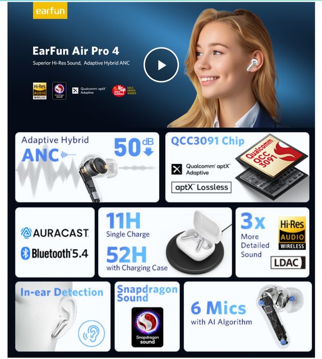 Ультракруті Earfun Air Pro4 LDAC Multipoint ANC Auracast Aptx Lossless