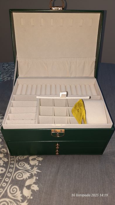 Szkatułka na biżuterię 3 poziomowa, butelkowa zieleń