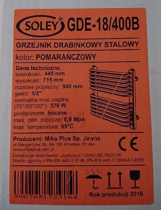 nowy grzejnik łazienkowy GDE-18/400 SOLEY podłączenie mieszane