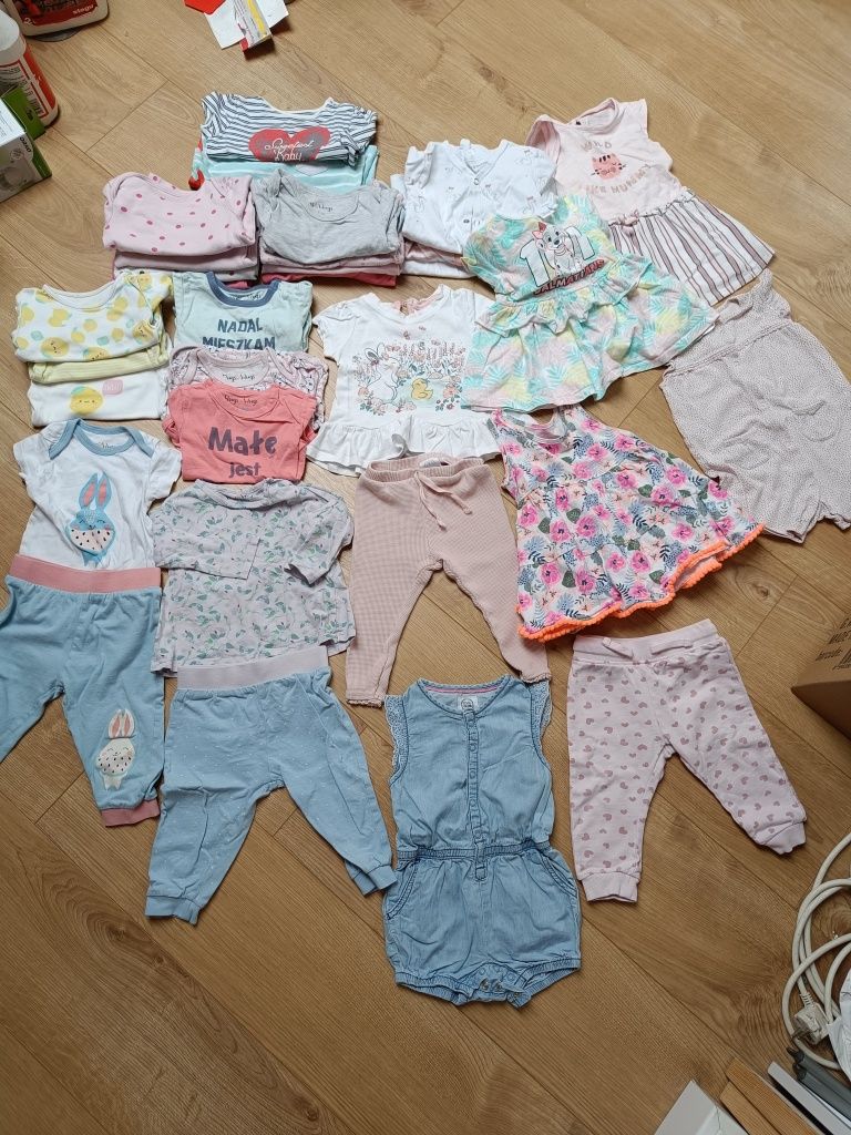 Paka zestaw ubrań komplety sukienki legginsy spodnie pajace body 74 80