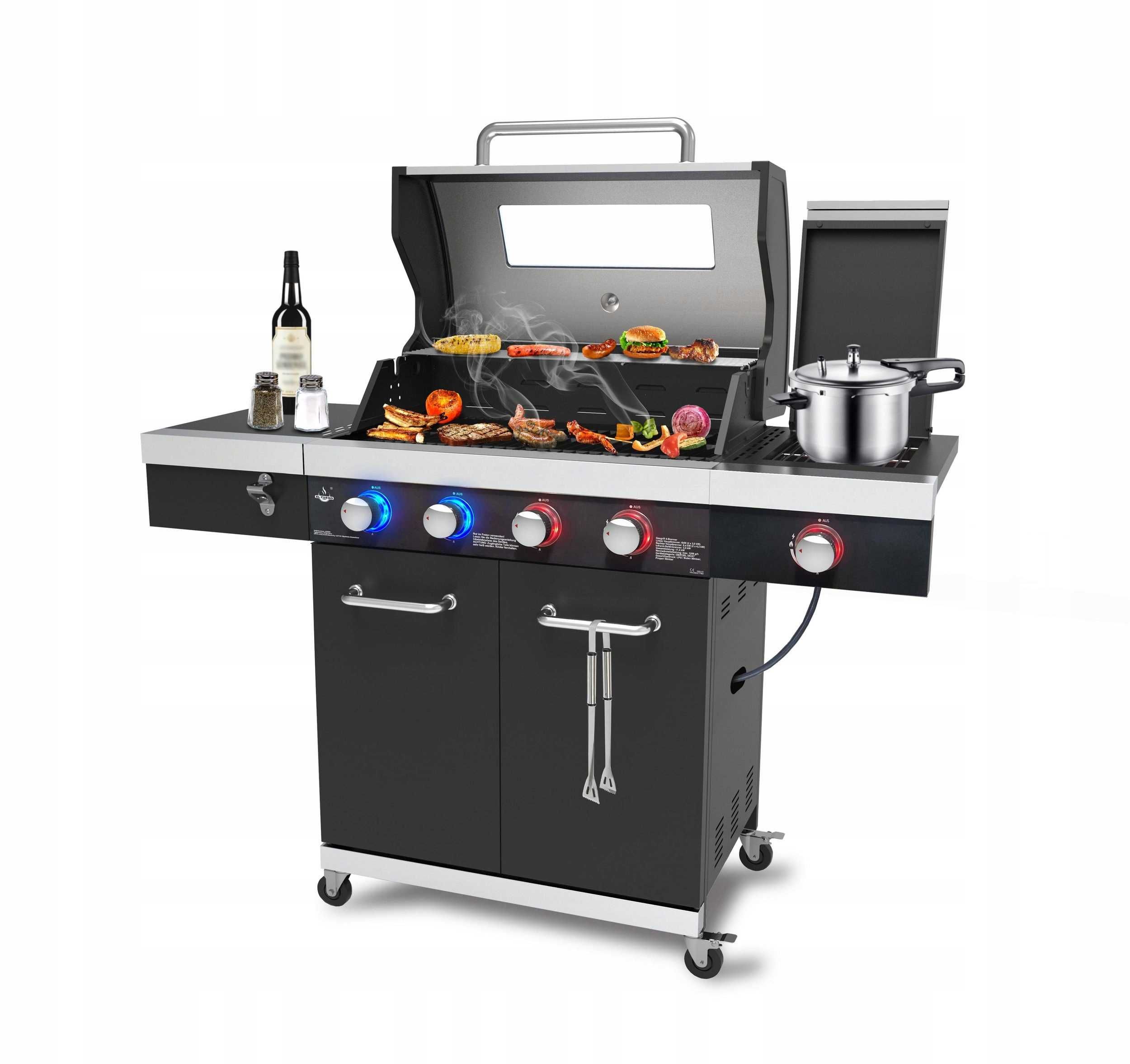 SOLIDNY Grill Gazowy 4+1 Żeliwny Ruszt + LED + POKROWIEC+ SZYBA 42KG %