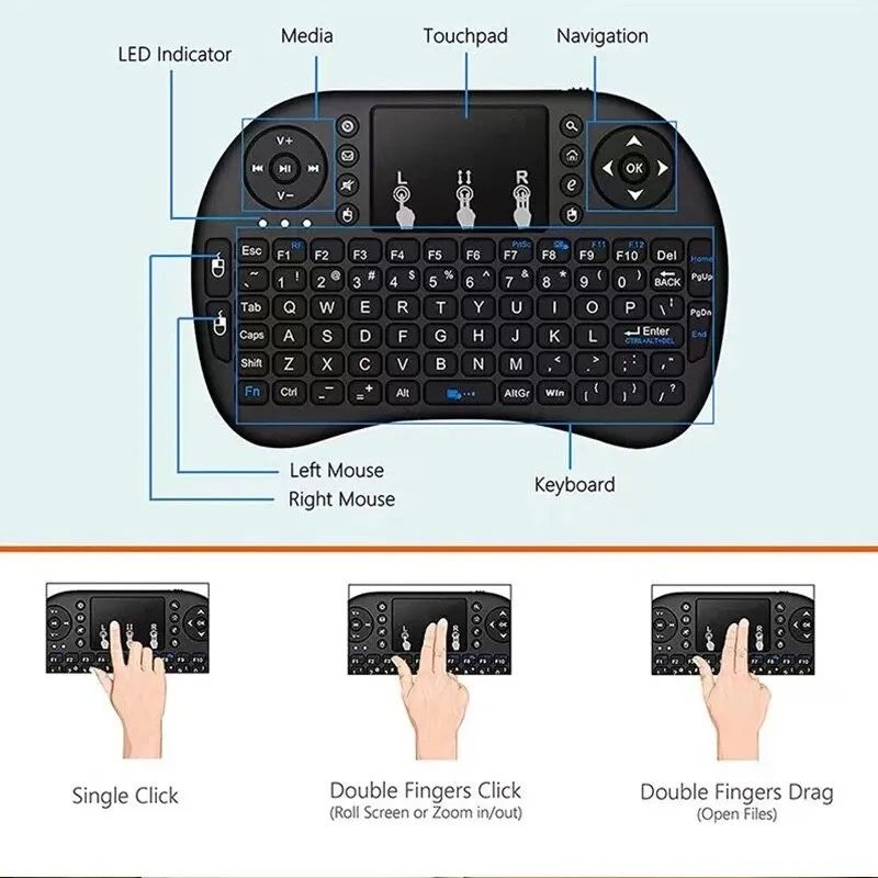 Teclado sem fio 2.4Ghz, touchpad, novo