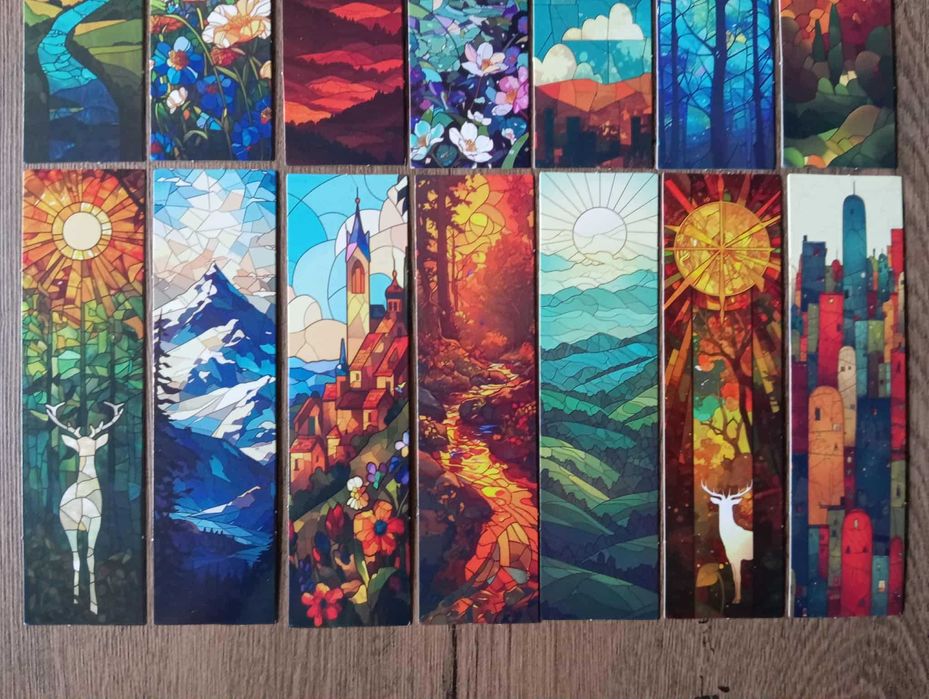 21 kartonowych zakładek do książek z krajobrazami w formie witrażu