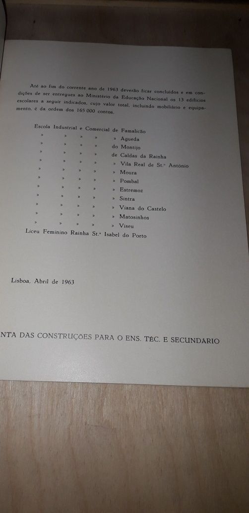 Novas Instalações de Escolas Técnicas a Inaugurar em (1962, 1963)