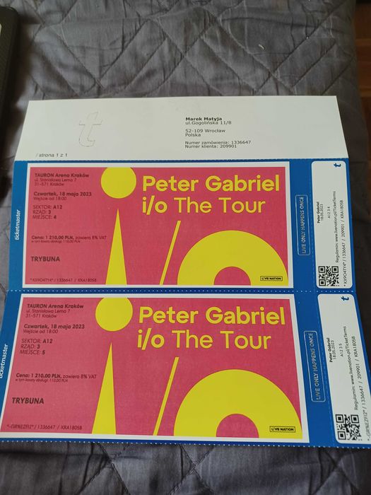 Peter Gabriel-2 bilety na koncert w Krakowie