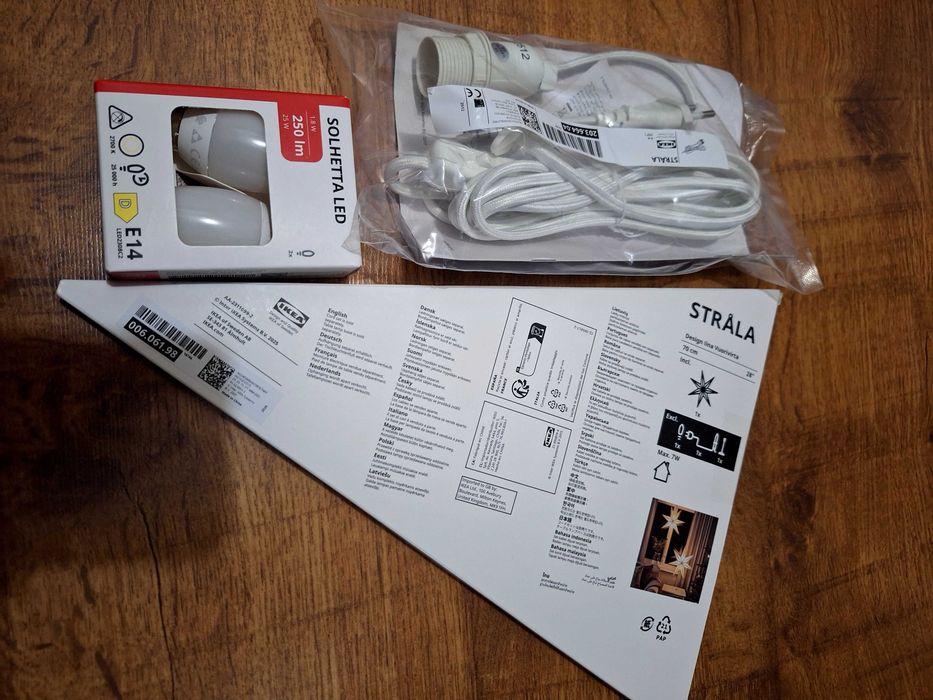 IKEA Strala -gwiazda 70cm, oprawa z kablem, żarówki