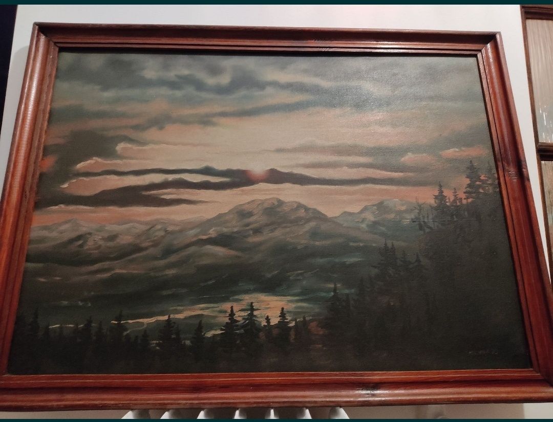 M.Michna"Góry o zachodzie słońca"-wspaniały obraz olejny na płótnie!