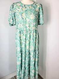 Sukienka midi w kwiaty boho vintage mietowa L 40 letbia na lato zwiewn