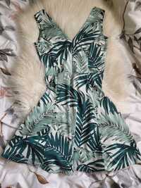 Sukienka mini H&M 36 S biały zielony liście palmy lato