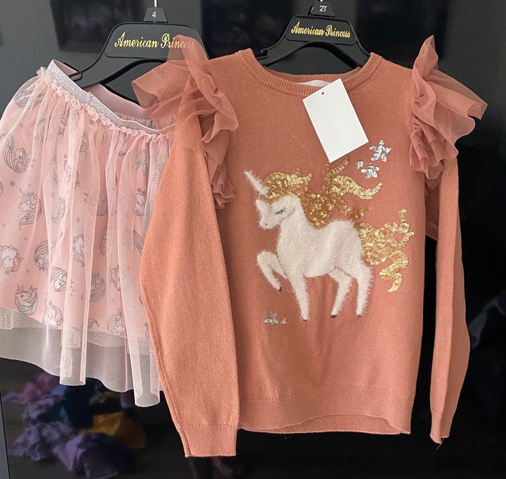 jednorożec, unicorn, zestaw sweter i spódnica tiul, cekiny HM