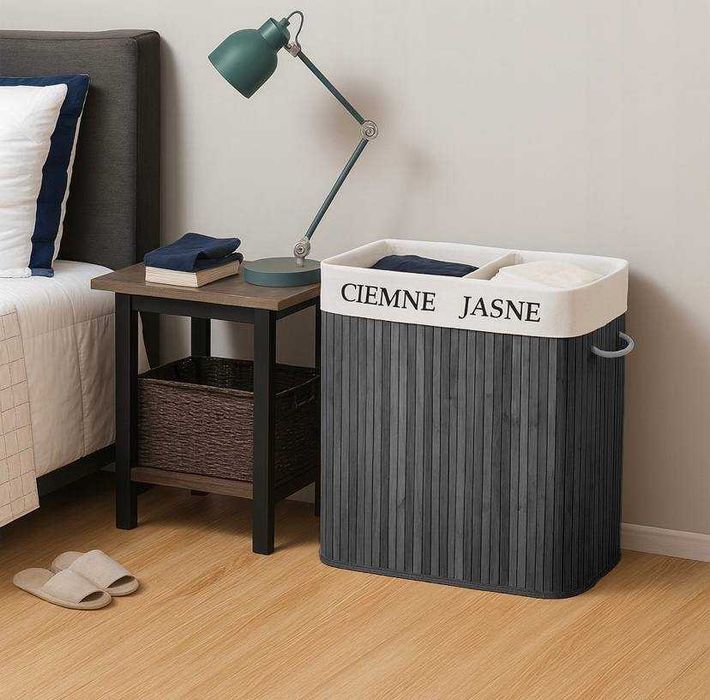 Kosz Bambusowy na pranie bieliznę Zamykany Dwukomorowy Pojemnik 100l