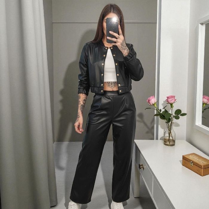 Czarny skórzany komplet damski kurtka + spodnie NOWY