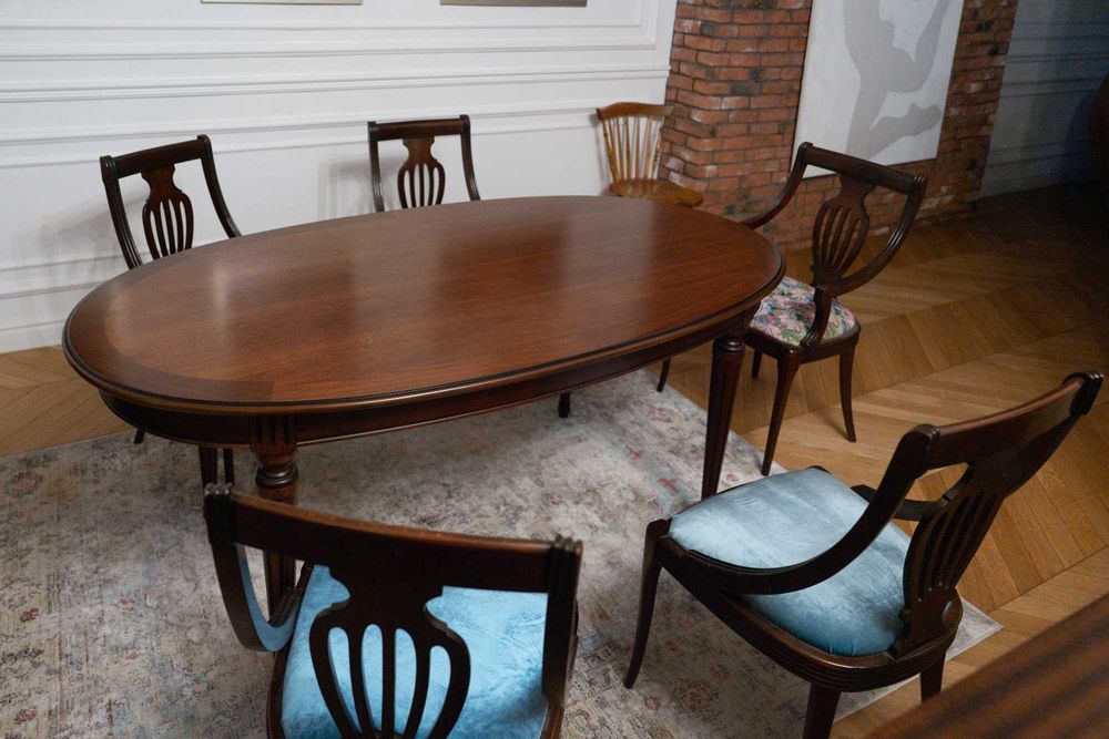 Stół z krzesłami – styl klasycystyczny (Hepplewhite/Sheraton), drewno