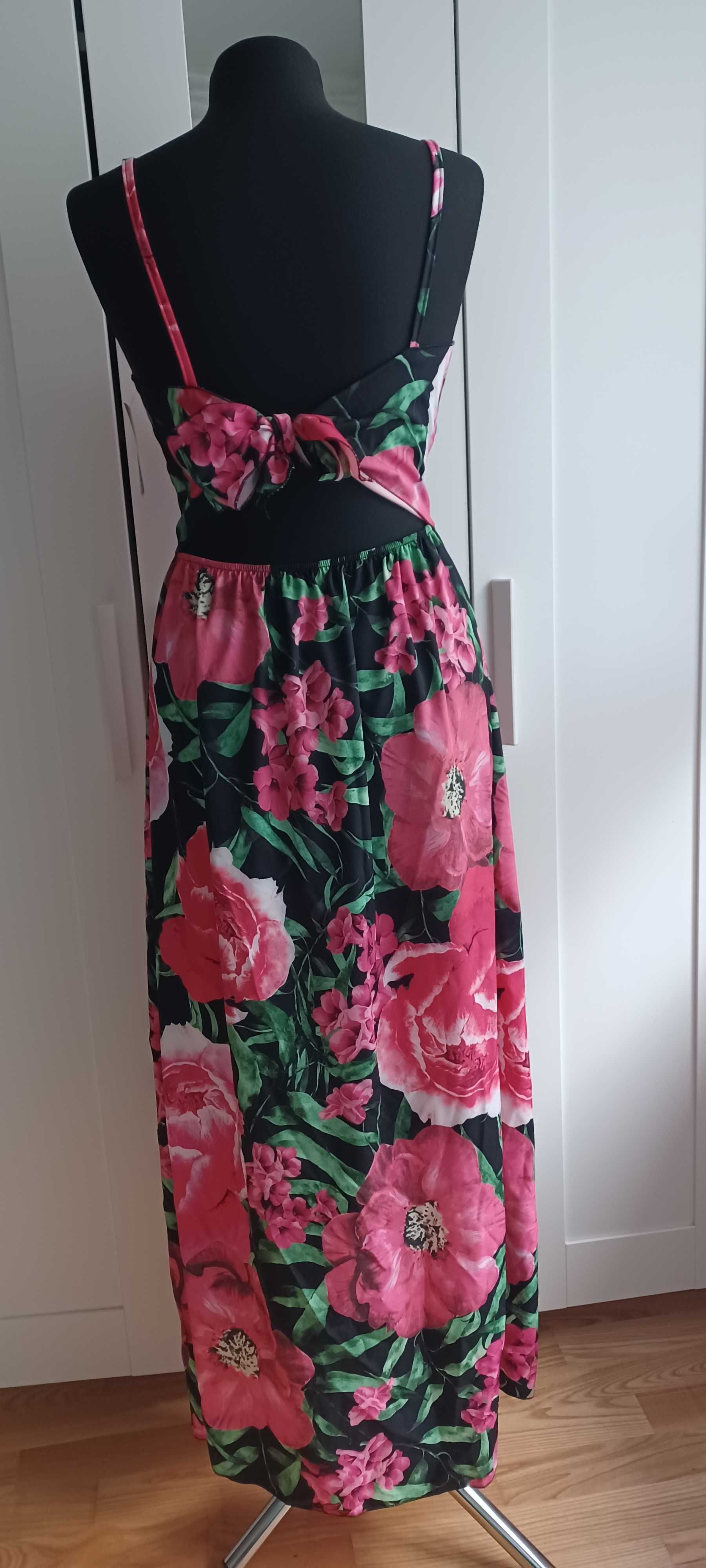 Sukienka maxi czarna w różowe kwiaty wiązana z tyłu r. Uni