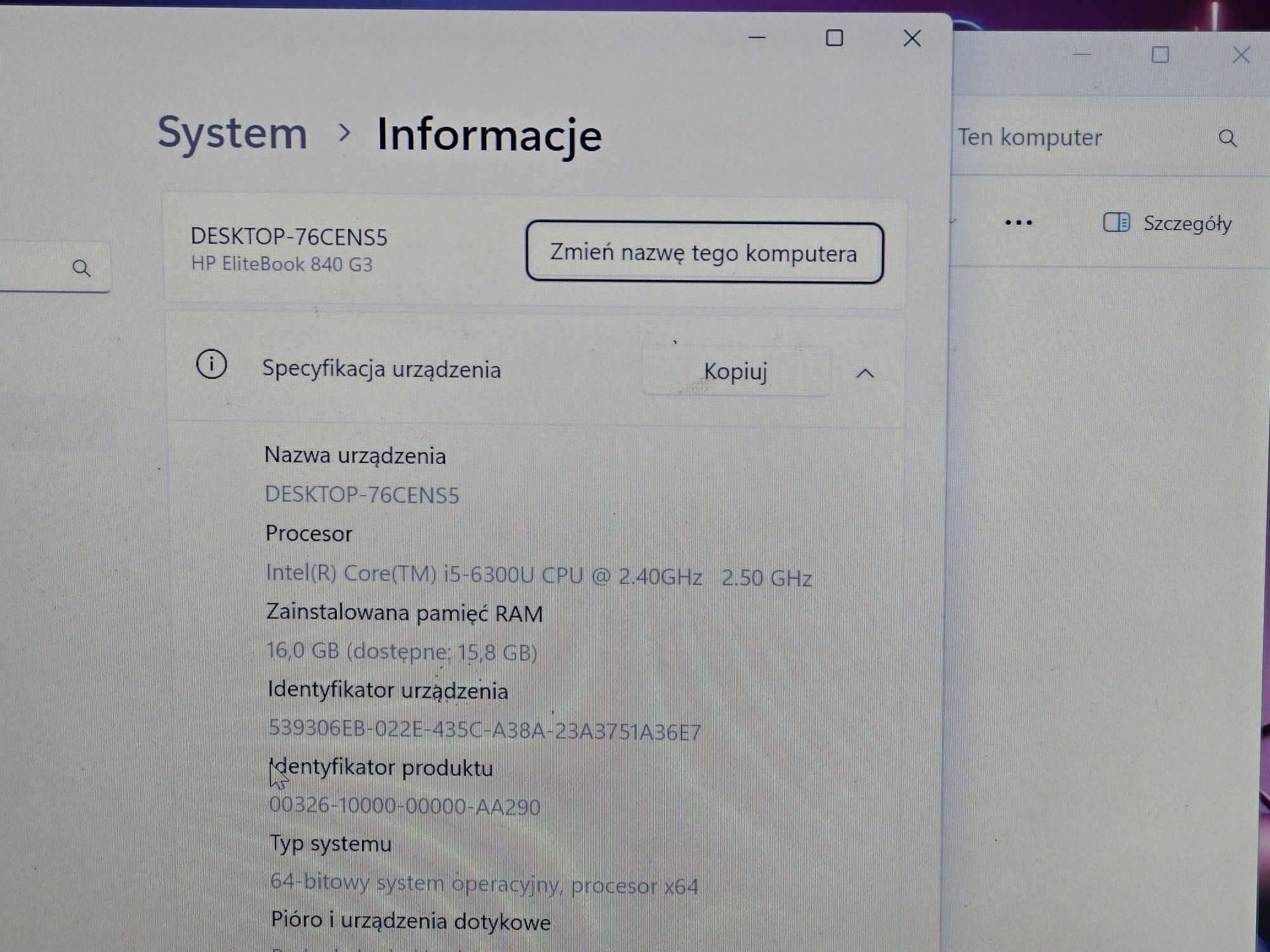 Laptop HP 840 G3 I5 6GEN 16GB RAM SSD 256GB Win11  Gwarancja Podś Klaw