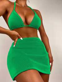 Strój Kąpielowy Bikini Prążkowany Wiązany Na Szyi + Pareo Zielony M
