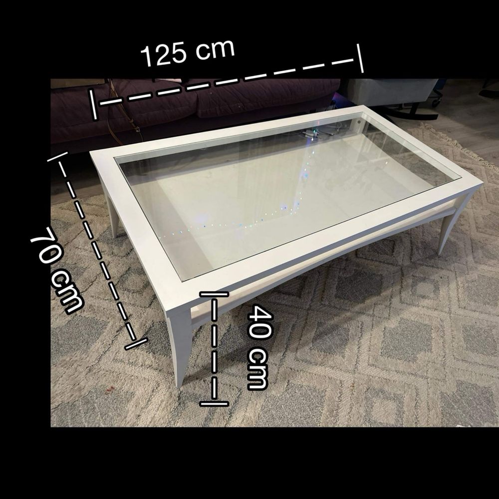 Stolik kawowy z szybą ława stół biały drewno 125 x 70 x40 cm