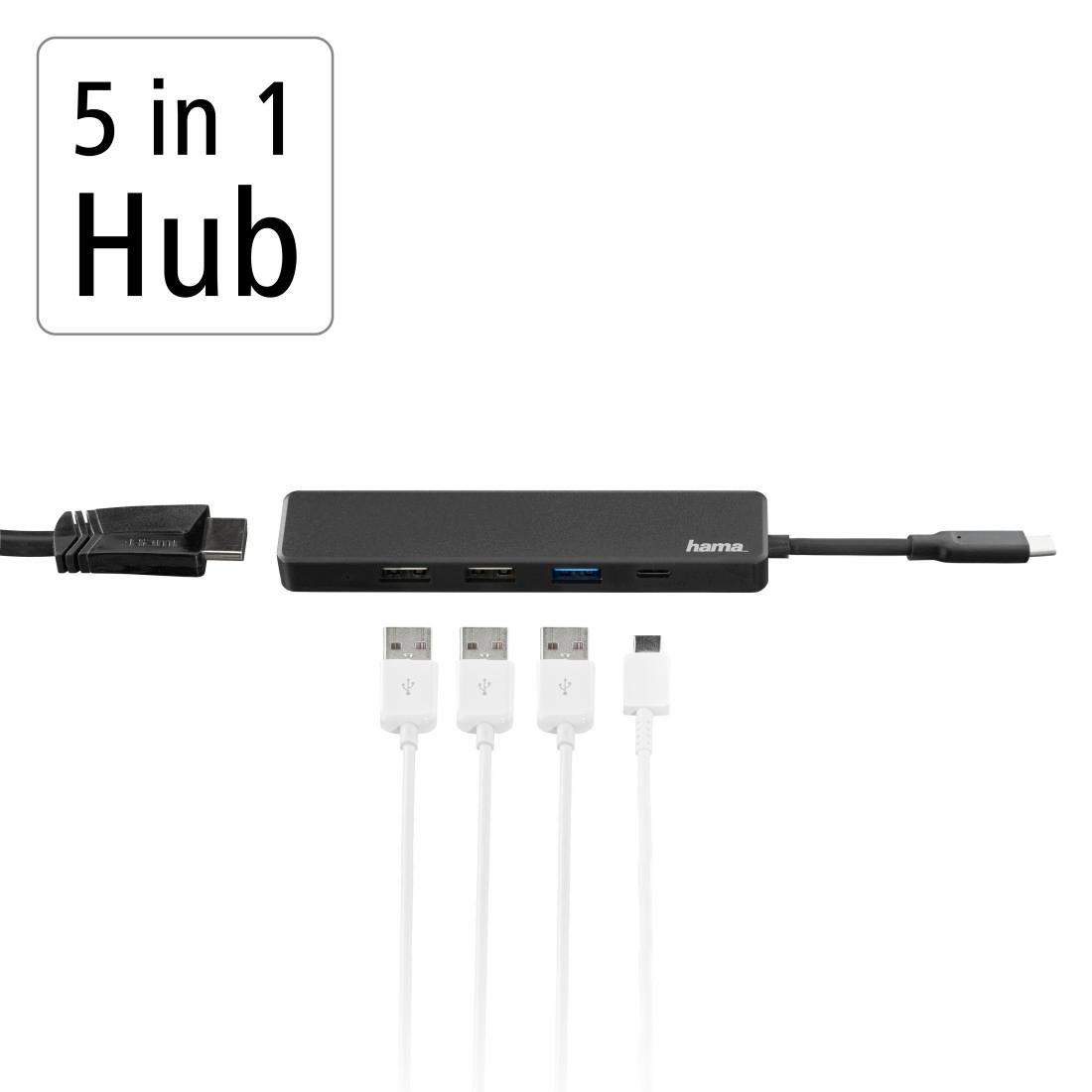 Hama Multiport USB C, 5 portów (3x USB A, USB C, HDMI) czarny OUTLET