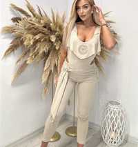dres Paparazzi Fashion spodnie bojówki złote łańcuchy beżowy