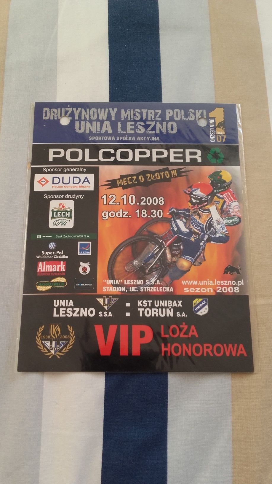 Karta VIP mecz żużlowy Unia Leszno vs KST Unibax Toruń 2008 unikatowa