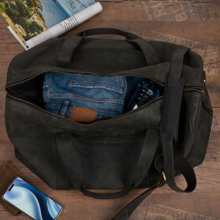 Torba podróżna skórzana weekendowa ekskluzywna skóra nubuk czarna