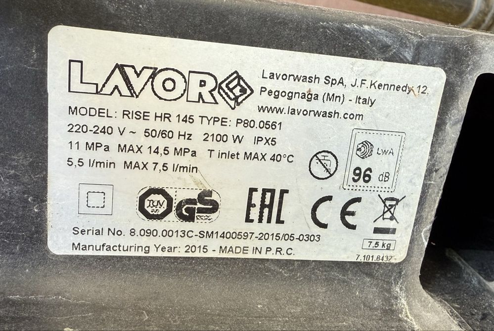 Myjka ciśnieniowa Lavor Rise HR 145 wąż szczotka dysze pistolet