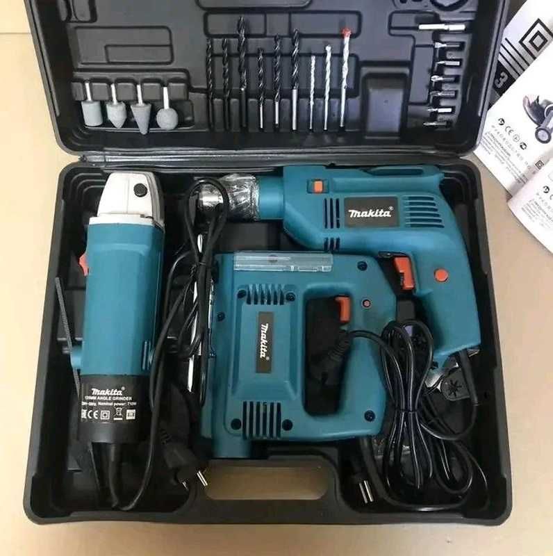 Комплект makita 3 в 1 дриль, лобзик, болгарка