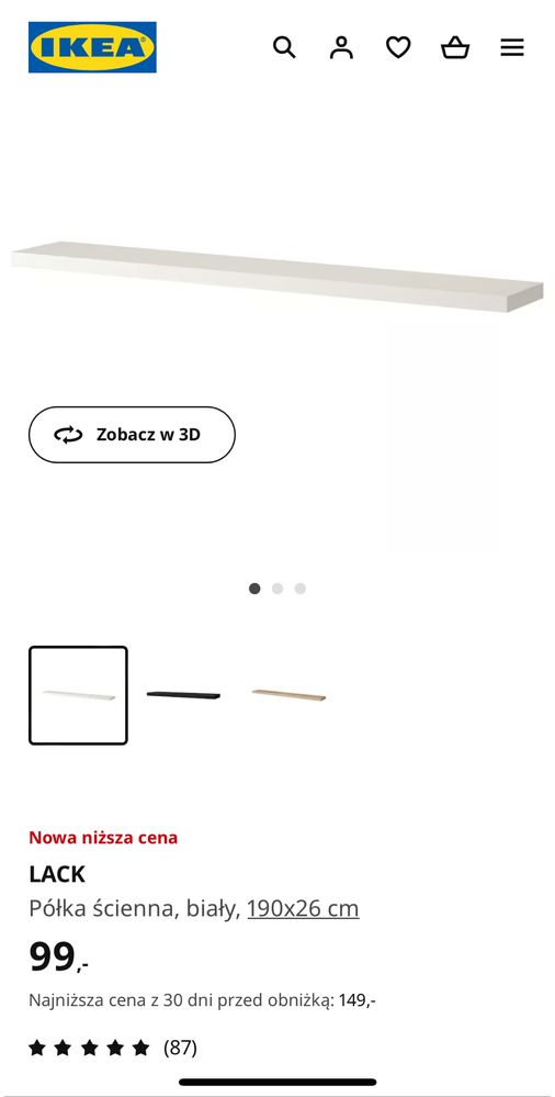 Zestaw 3 półek IKEA LACK 190cm