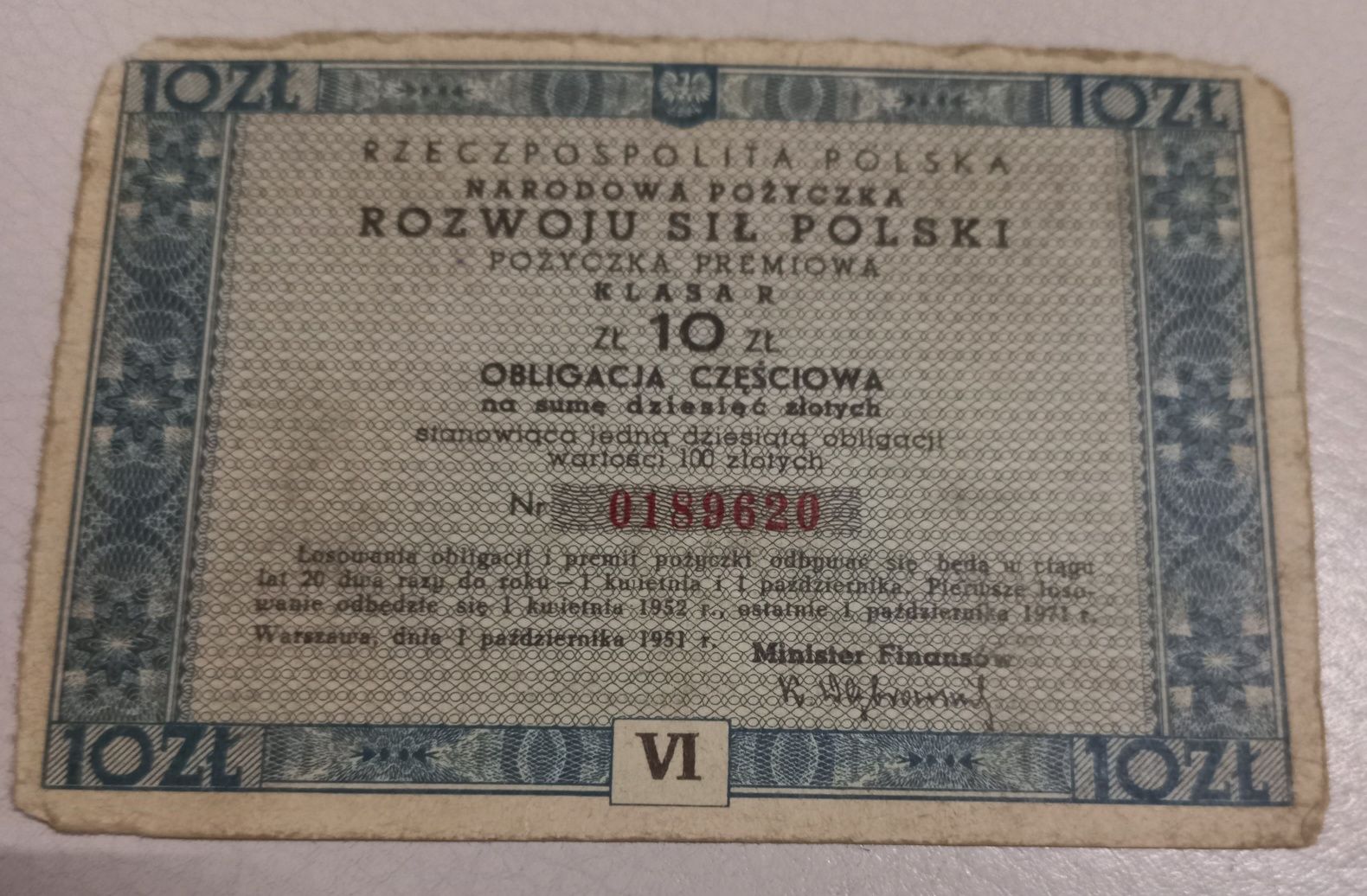 10 zł obligacja częściowa 1951 r.