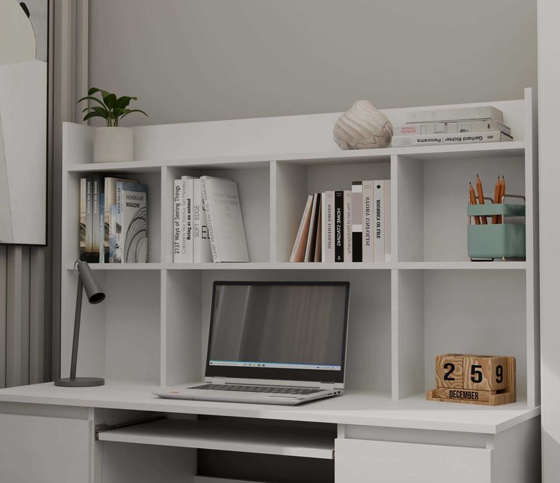 BIURKO KUBA Z NADSTAWKĄ Zestaw 6 Szuflad Półki Do Biura Pokoju BIAŁY