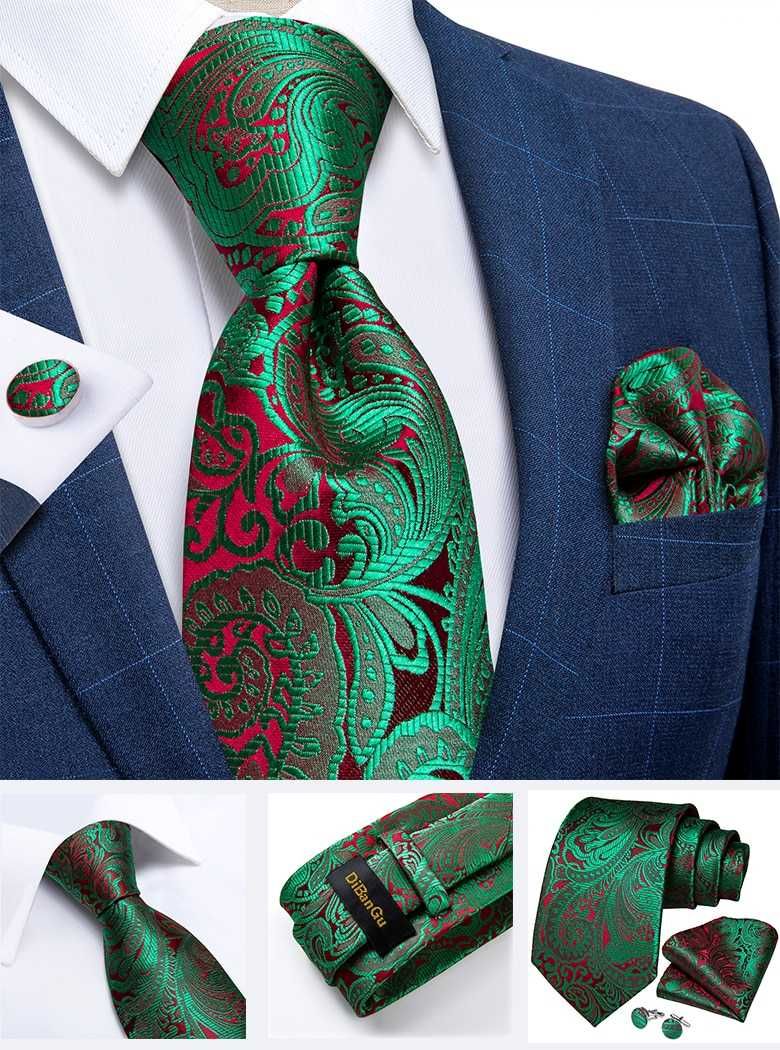 Nowy ZESTAW JEDWABNY Krawat Poszetka Spinki broszka czerwony zielony