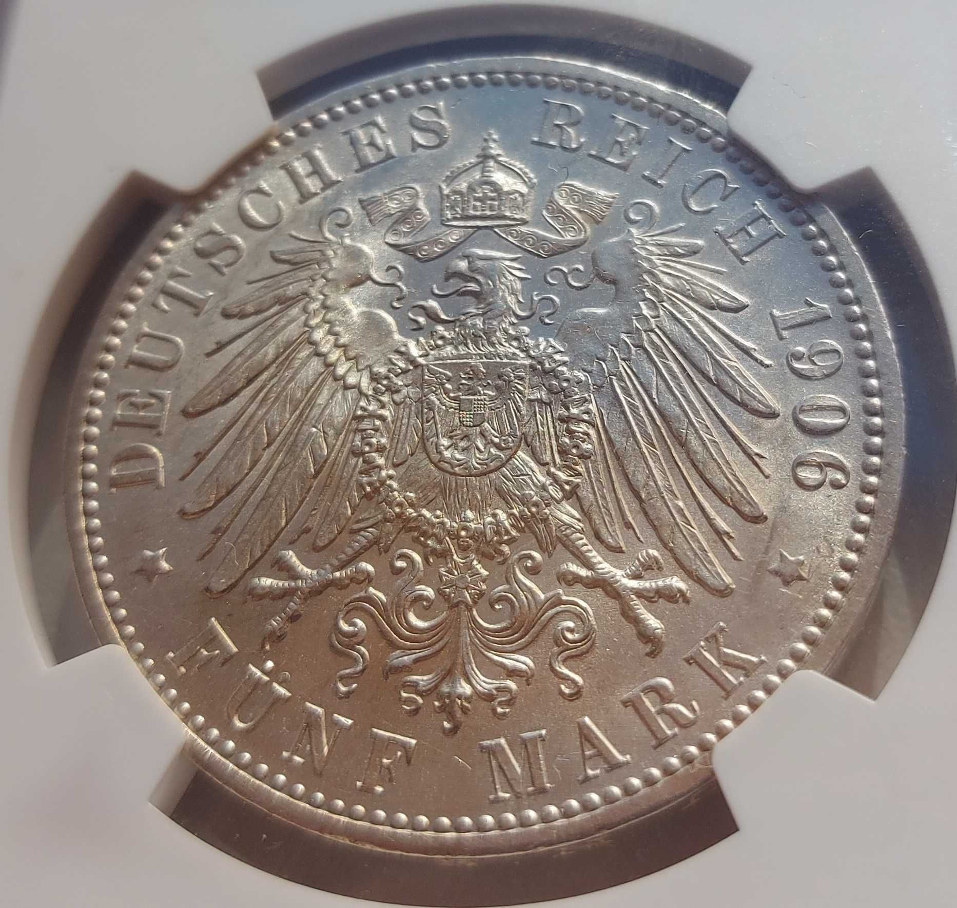 Германия 5 марок 1906 г. Баден Золотая Свадьба NGC UNC Details