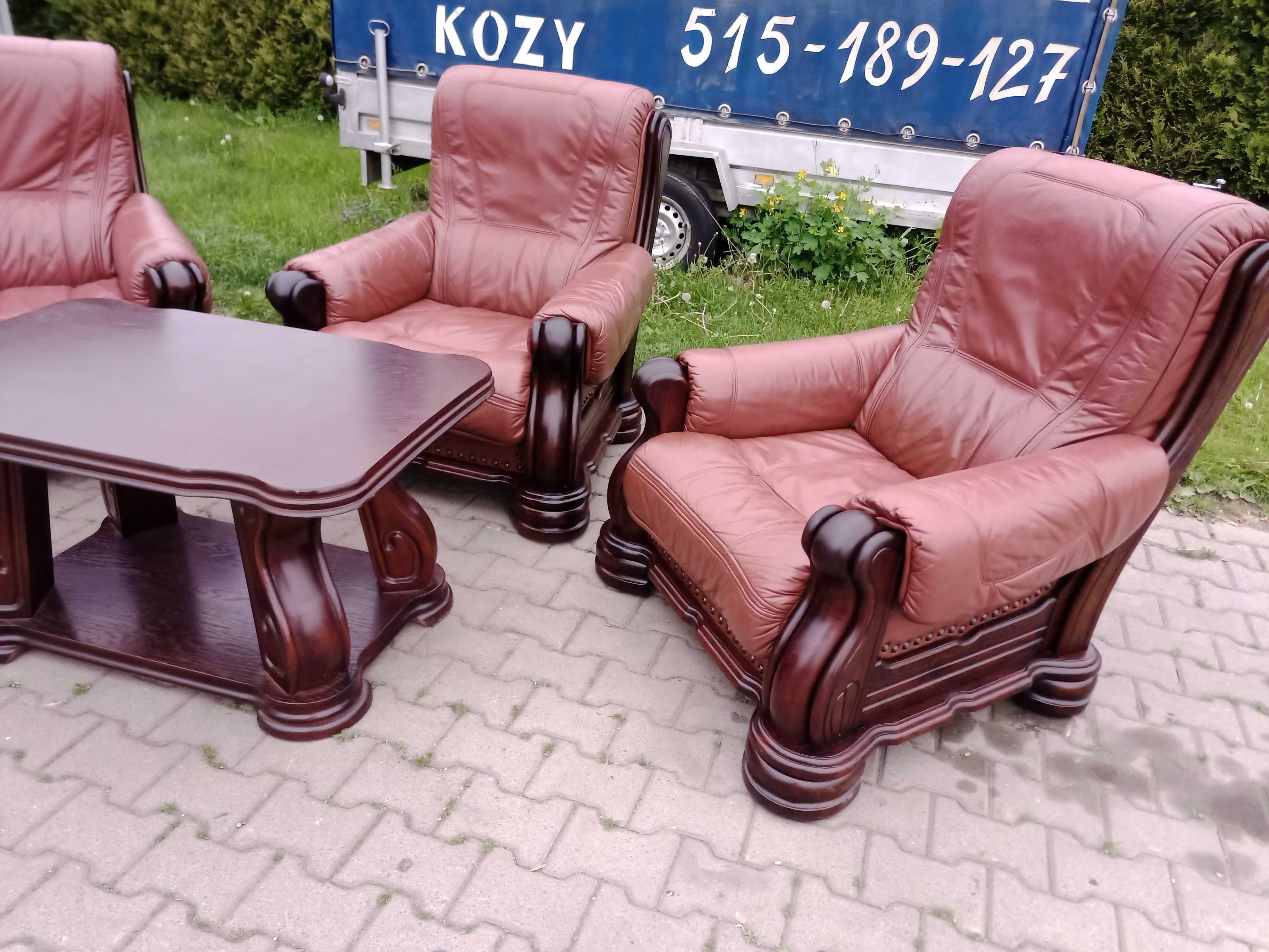 Komplet Wypoczynkowy KLER Bonzo 3+1+1 i Ława , Dąb - Skóra Brąz