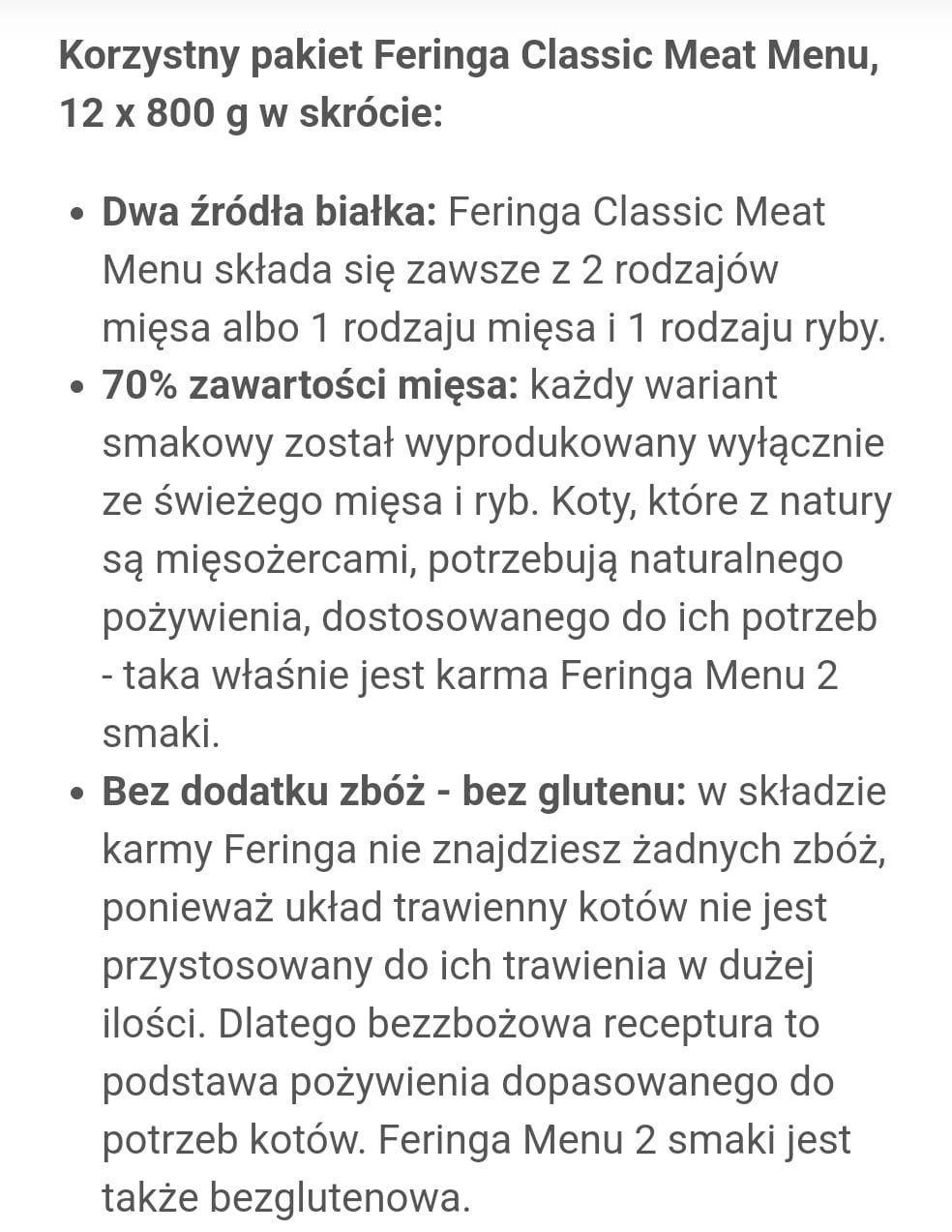 12x800g Feringa Meat Menu Drób 
Wysokiej jakości karma dla kota bez zb