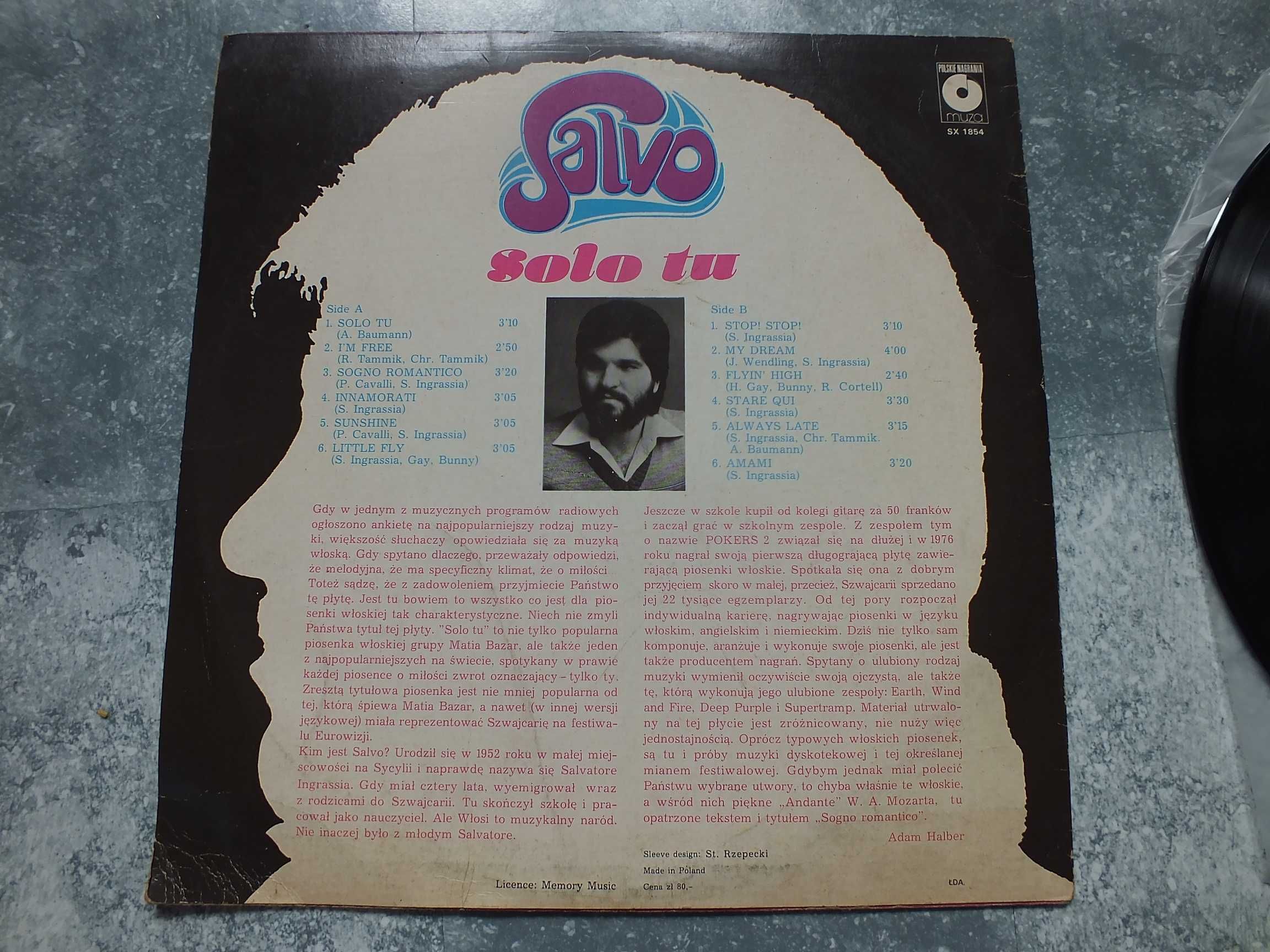 Płyta winylowa LP, SALVO - Solo Tu /włoskie/ 1985r. winyl