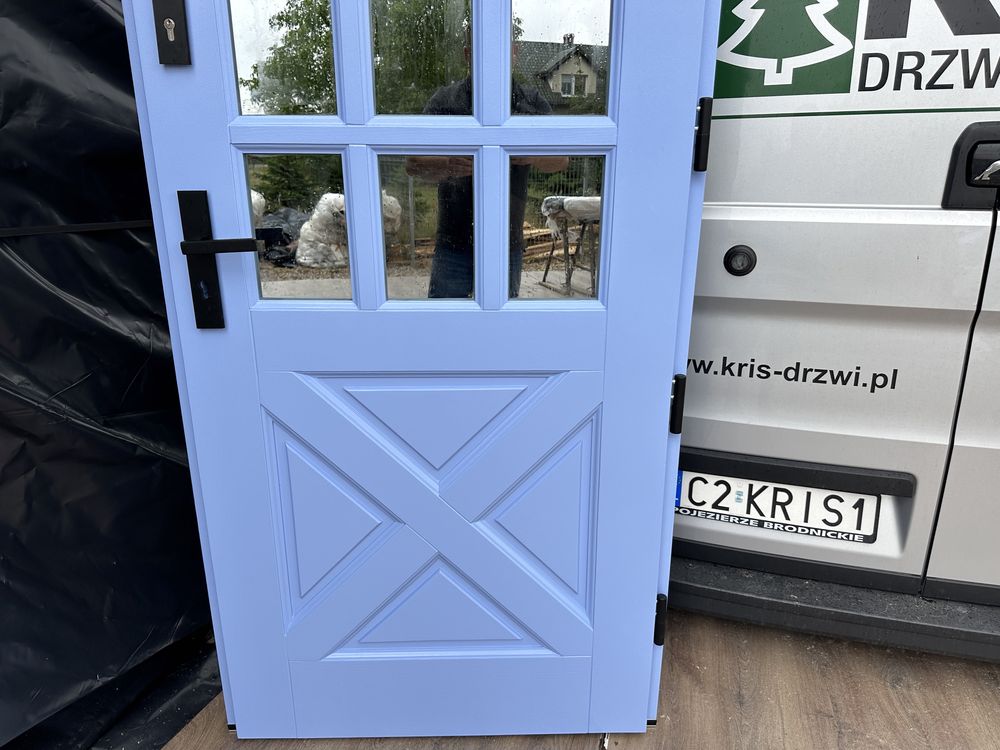 Drzwi zewnętrzne drewniane Amerykańskie  Niebieskie MONTAŻ CAŁA POLSKA