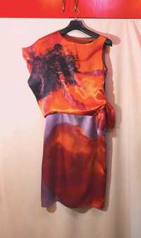 sukienka monnari midi  jedwab asymetria pomarańcz cieniowana kwiat 36