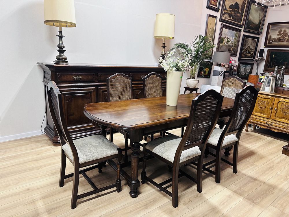 Elegancki w 100% dębowy stół z 6 krzesłami z rafią :)