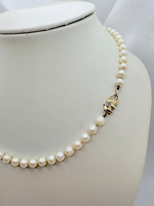 Retro naszyjnik z pereł naturalnych złote 14k zapięcie diamenty słonik