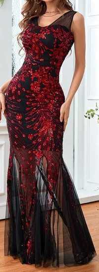 Suknia balowa NOWA karnawałowa czerwono-czarna długa cekiny falbana XL