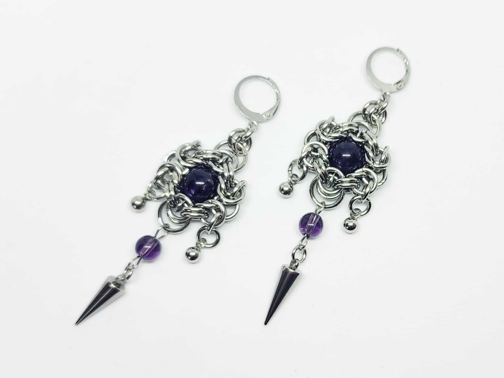 Gothic ametystowe kolczyki z kolcami | stal chirurgiczna 8,2 cm