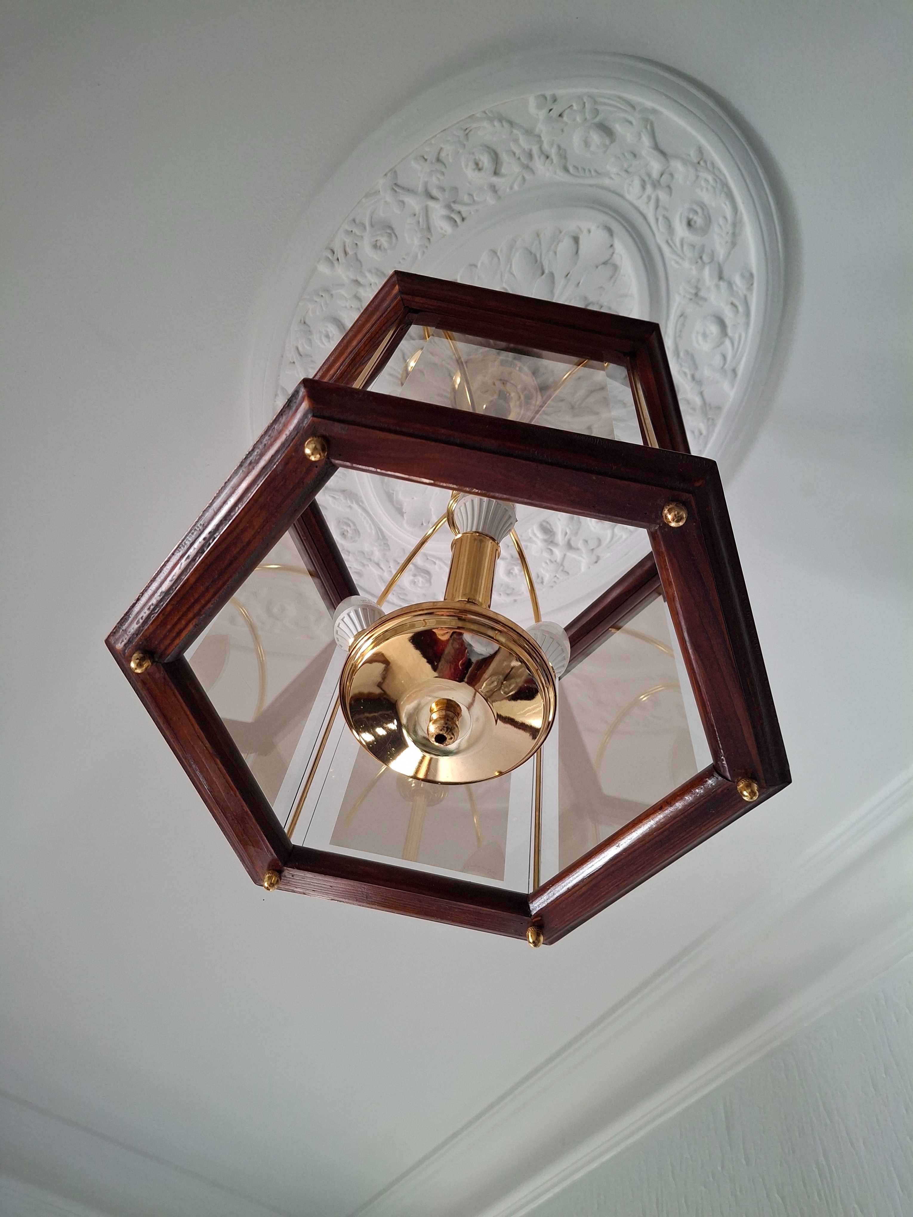 Candeeiro Teto Madeira-Vidro-Metal Dourado