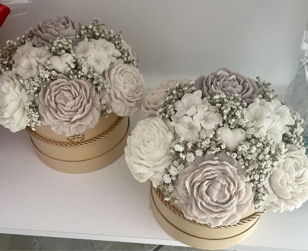 Flowerbox z wosku sojowego, świeczki, kwiaty, kolory