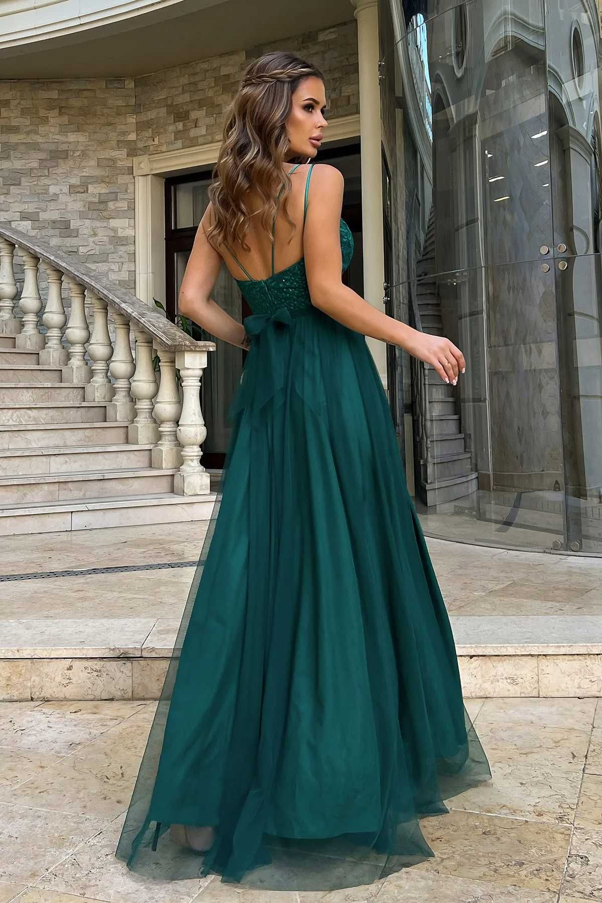 Sukienka tiulowa na ramiączkach butelkowa zieleń na wesele 38 M